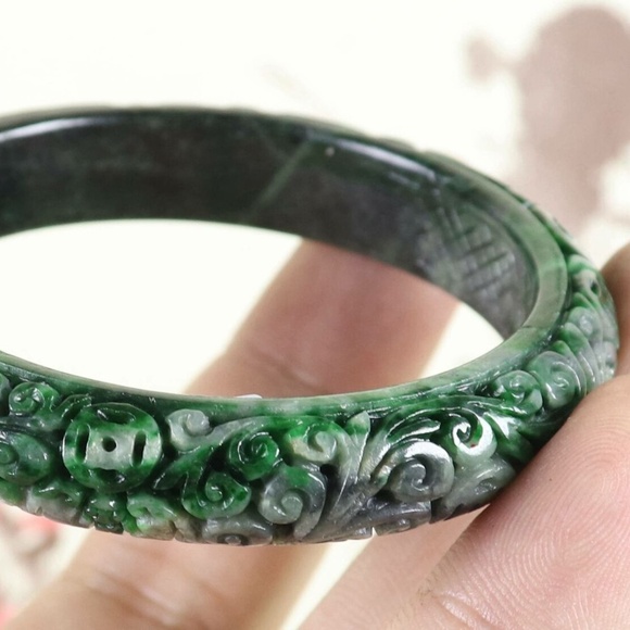 57mm Certified Green Natural A jade Jadeite Moire Bangle Bracelet - Picture 3 of 8